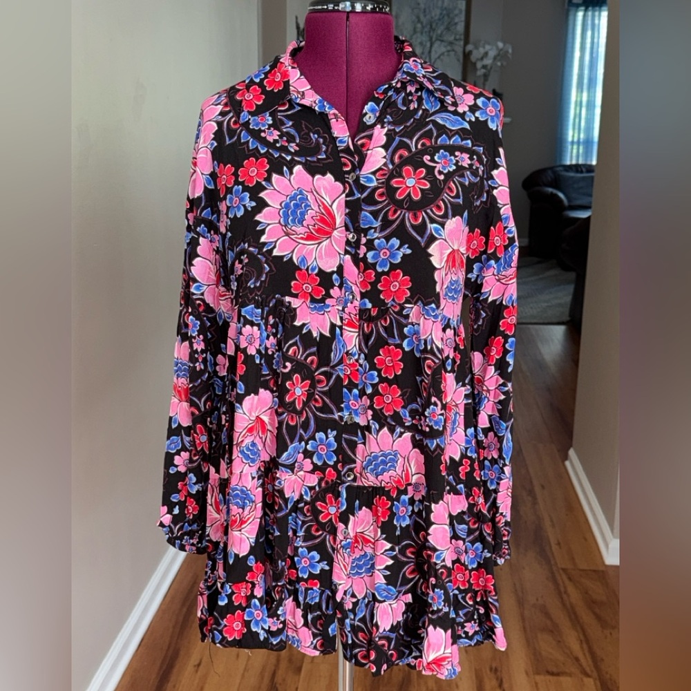 Zara colorful floral long sleeve babydoll button down mini dress, sz L - Picture 2 of 8